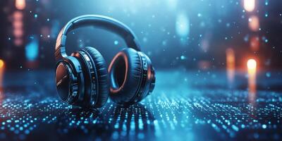 Quality headphones resting on a digital surface illuminated by soft blue lights in a futuristic setting photo