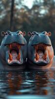 Two hippopotamuses yawning in a serene water environment during the golden hour of the evening photo