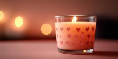 Softly glowing candle adorns a romantic setting with heart patterns and warm light in twilight ambiance photo