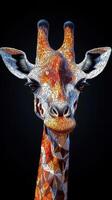 Unique geometric portrait of a giraffe displaying intricate colors and patterns against a dark background photo
