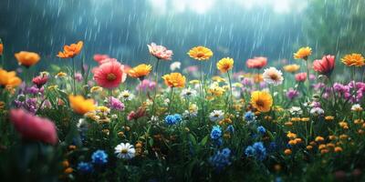 Vibrant flowers bloom under gentle rain in a lush meadow during springtime photo