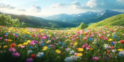 Vibrant wildflower meadow under a bright sky with distant mountains during daytime photo