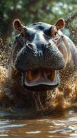 Hippo splashing through water with a fierce expression in a natural habitat during the day photo