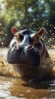 Hippo splashes through muddy water in a natural habitat during daytime photo