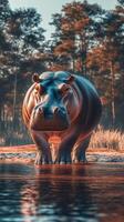 Majestic hippopotamus emerging from water at dawn in serene natural setting with trees photo