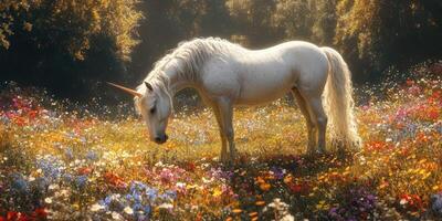 Majestic unicorn standing gracefully in a vibrant field of wildflowers during a serene afternoon photo