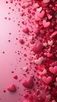 Colorful hearts cascade over a pink background, creating a playful and romantic atmosphere perfect for celebrations or decorations photo