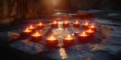 Candles arranged in a circular pattern illuminate a stone surface during twilight photo