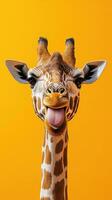 Giraffe smiling against a bright orange background in a playful and charming way while showcasing its beautiful fur patterns photo