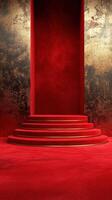 Elegant red carpet stage with golden backdrop in a luxurious setting ideal for events and ceremonies photo