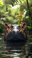 Hippo swimming in tranquil water surrounded by lush greenery during daylight hours in a tropical environment photo
