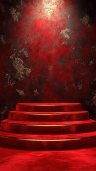 Staircase with red velvet and textured wall creates an inviting atmosphere for dramatic presentations photo