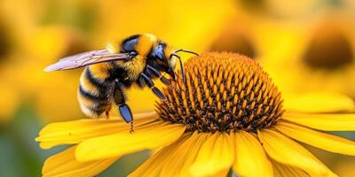 Bumblebee collects nectar from a vibrant yellow flower during a sunny day in a garden photo