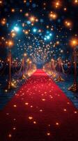 Red carpet entrance with sparkling lights and velvet ropes at an evening gala celebration photo