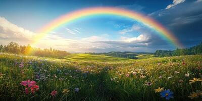 Vibrant rainbow arches over a blooming meadow at sunrise near rolling hills and lush trees photo