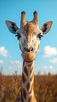 Giraffe gazing calmly in an open savanna under a bright blue sky during a sunny day photo