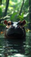 Hippo emerges from the water in a lush, green environment during daylight hours photo
