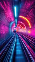 Vibrant neon lights illuminate a dynamic subway tunnel while approaching a train in motion photo