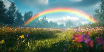 Colorful rainbow arches over a vibrant wildflower field on a sunny day in spring photo