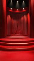 Luxurious red theater stage with velvet curtains and spotlight illumination for performances photo