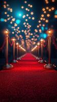 Red carpet pathway illuminated by lights with elegant ropes leading to a festive event at night photo
