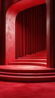 Stunning red theatrical stage with curved arches and velvet drapes creating a dramatic backdrop for performances photo