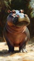 Hippopotamus standing near water in a lush tropical setting during daylight hours photo