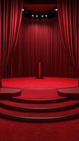 Stage set for a performance with red curtains and spotlight in a vibrant theatre environment photo