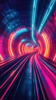 Vibrant neon lights illuminate the tunnel during a nighttime journey through a futuristic subway system photo