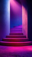 Striking stairway illuminated with vivid purple and blue lights in a modern architectural setting photo