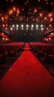Red carpet leading to stage in luxurious theater with elegant seating and bright lights before an event photo