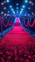 Glamorous red carpet event illuminated by bright lights, showcasing a stylish atmosphere and excitement from the audience photo