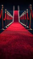 Elegant red carpet leading to an event entrance surrounded by stanchions under evening lighting photo
