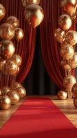 Elegant red carpet setup decorated with shiny gold balloons in a lavish event space during an evening celebration photo