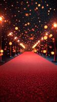 Elegant red carpet pathway illuminated by golden lights for a glamorous event at night photo
