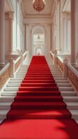 Elegant red carpet leading up the grand staircase of a luxurious palace during daylight photo