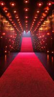 Glistening red carpet leading to illuminated staircase in glamorous hallway at night event photo