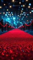 Elegantly lit red carpet leading to a glamorous event with bright lights and excited attendees at night photo