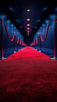 Luxurious red carpet leading to a dimly lit venue with velvet ropes for an exclusive event or premiere photo