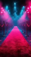 Dramatic red carpet entrance illuminated by colorful lights and mist at an event venue photo
