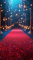Glittering red carpet pathway illuminated by soft lights and sparkling effects in a festive atmosphere at night photo