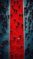 Elegant gathering on a red carpet featuring attendees walking in formal attire at a high-profile event in a large venue photo