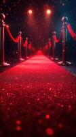 Elegant red carpet setup with ropes and lighting for a glamorous event at night photo