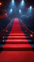 Luxurious red carpet stairs lead into a glamorous venue illuminated with bright lights and a starry backdrop photo