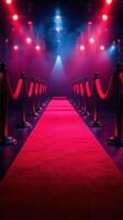 Stylish red carpet entrance with spotlights and velvet ropes for a glamorous event at night photo