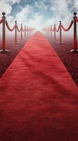 Red carpet leading to a bright light with velvet ropes and polished stanchions at an outdoor event in the daytime photo