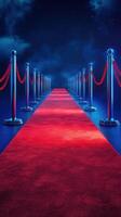 Red carpet event showcasing elegant entrance with velvet ropes and dramatic lighting at night photo
