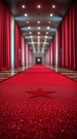 Bright red carpet leading to a glamorous venue with elegant drapes in a luxurious hallway setting photo