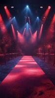 Vibrant red carpet runway illuminated by dramatic lights at a fashion event photo