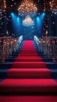 Elegant staircase with red carpet leading to a dazzling chandelier in a luxurious venue photo